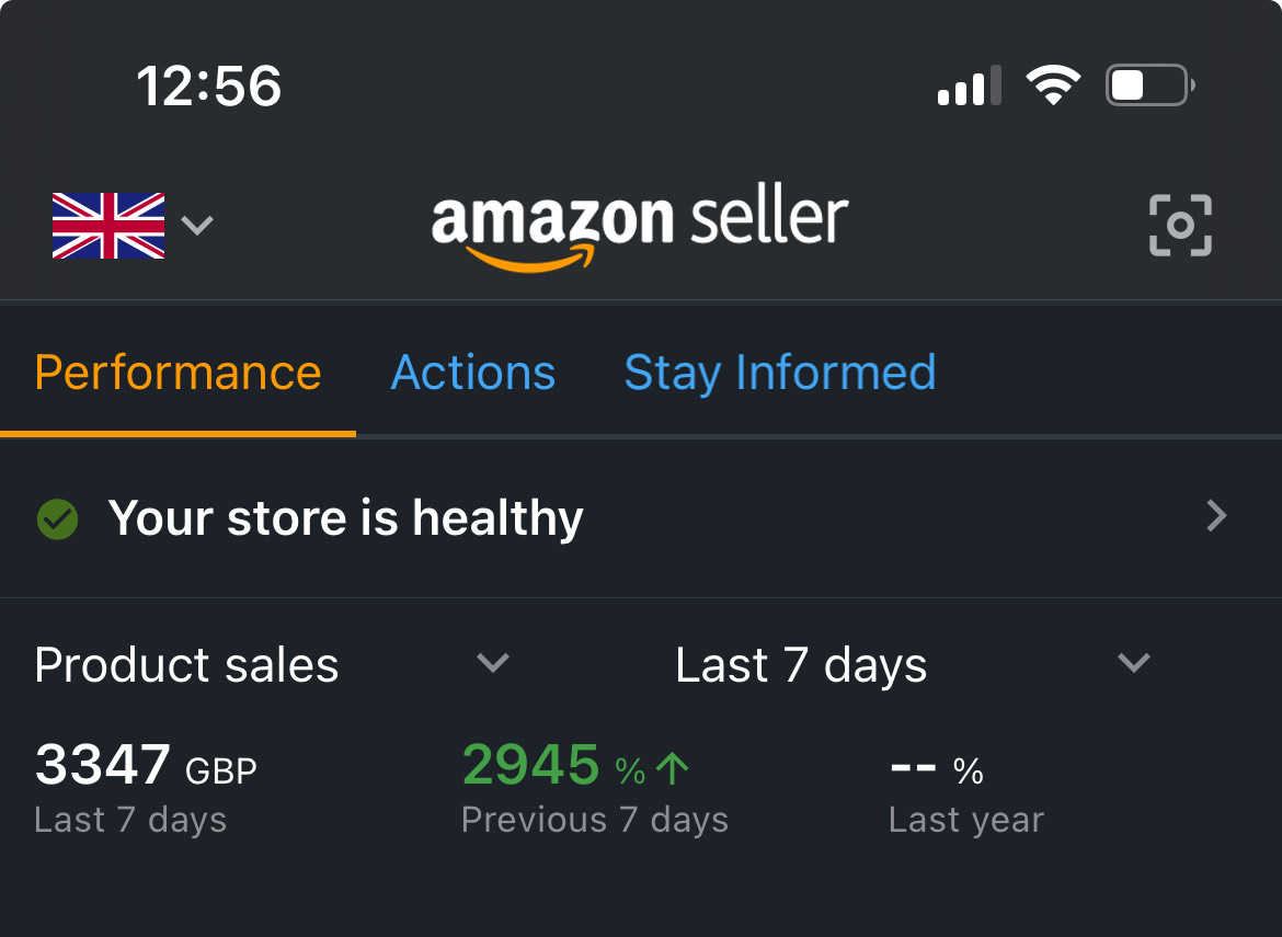 Amazon seller dashboard, 3347 GBP in the last 7 days